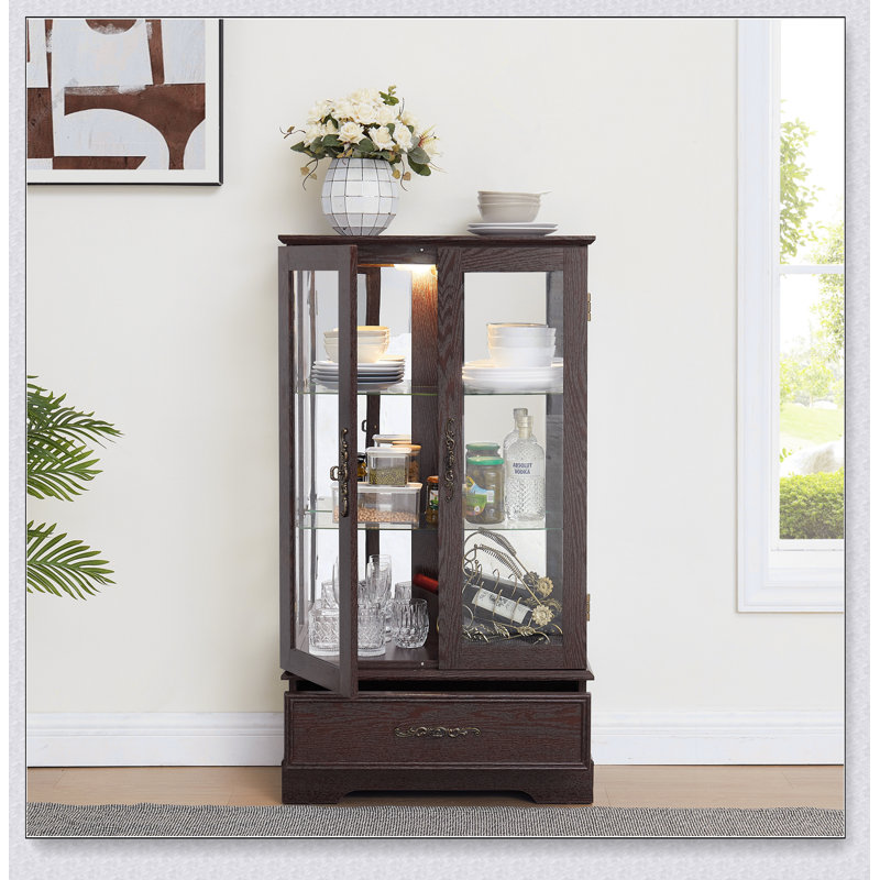Armoire en chêne avec tablettes réglables en verre, 2 portes, 1 tiroir et éclairage, Cerisier