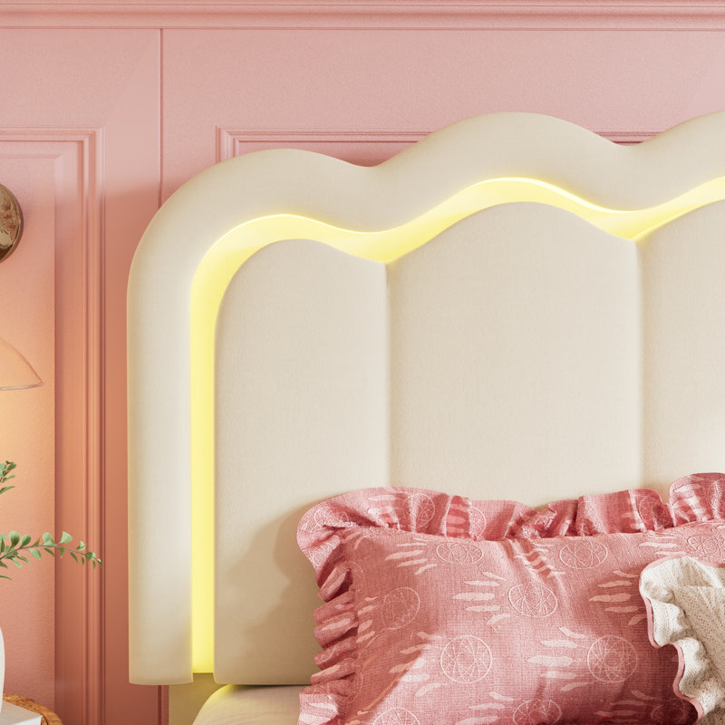 Base de lit tapissier avec rangement et tête de lit réglable en velours à DEL, Grand, Crème