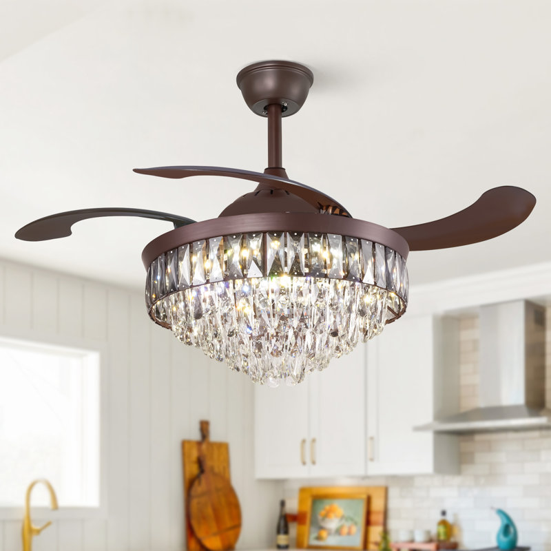 42 Inch Modern Retractable Crystal Ceiling Fan with LED Kit