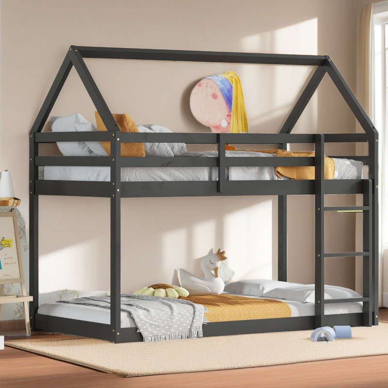 Twin Over Twin Rubber Wood Floor Bunk Bed, With Ladder,Guardrails,House-Shaped-Bunk Bed, Black