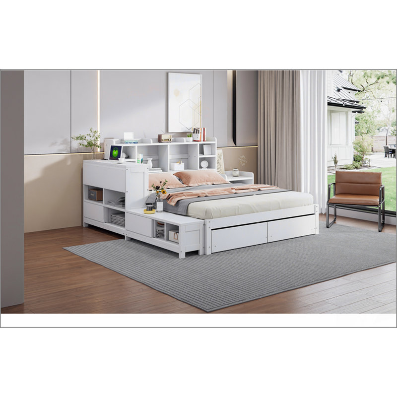Lit plateforme double en bois avec rangement multifonctionnel, table de chevet, 2 tiroirs, ports USB et bureau, blanc, Blanc