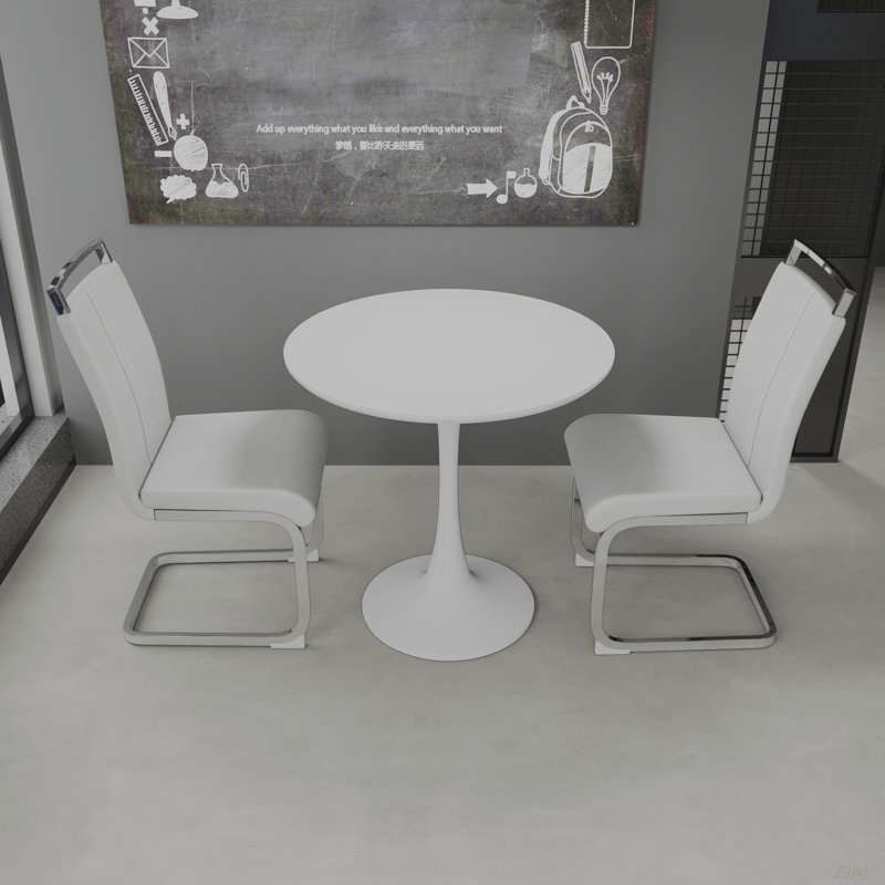 Table de salle à manger 31,5 "circulaire blanche, table de salle à manger, table de salle à manger pour la cuisine, plateau et base en panneau de fibres à densité moyenne et 2 pieds de table en métal plaqué en polyuréthane (ensemble de sall