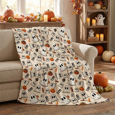 Jeté de flanelle d'Halloween, jetons à pois beiges, bonbon gobelin, hallowmas, douces couvertures en molleton douillet et moelleux pour canapé-lit, cadeaux idéaux pour les adultes