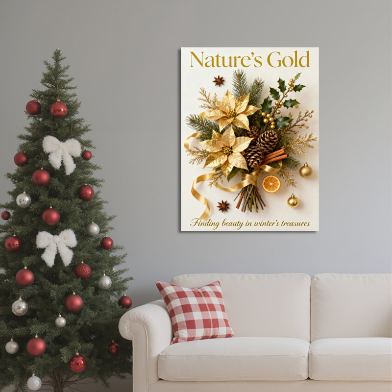 Ensemble de 1 tableau sur toile tendue représentant un arrangement floral d'hiver doré, H 36 po x l 24 po