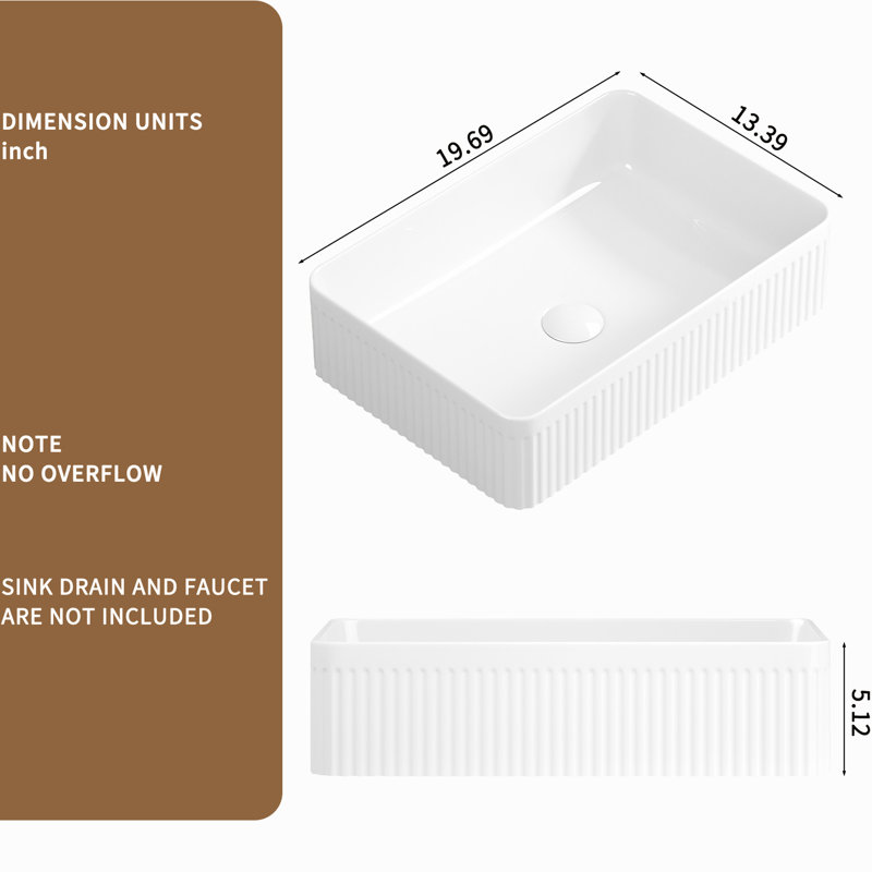 Bathroom Vessel Sink, Rectangular White Ceramic, Deep Bowl, Splash - Minimizing, Efficient Drain
