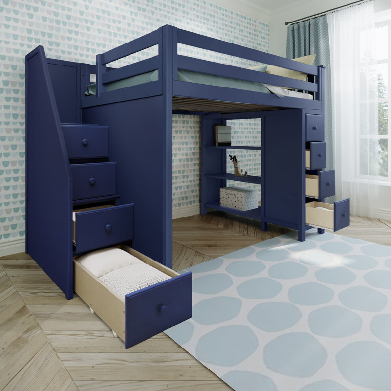 Brodie Kids 8 Drawer Solid Wood Loft Bed with Shelves, Blue, Full