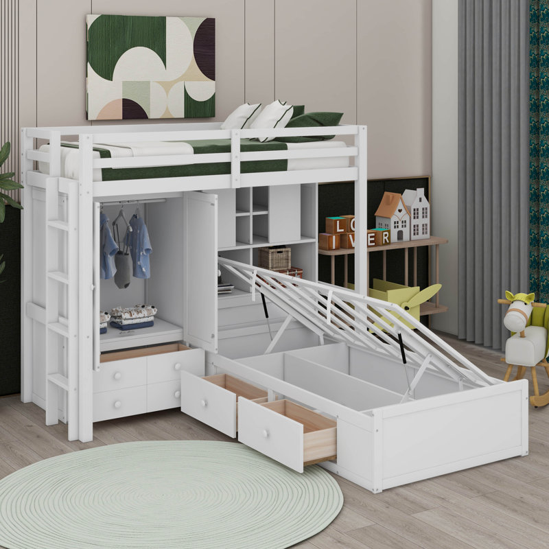 Lit superposé simple avec tiroirs, garde-robe, tablettes de rangement et hydraulique, Blanc