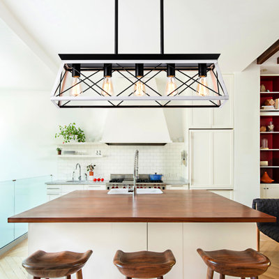 (Same As W134065438/L1001) 32" Black White Industrial 5-Light Pendant Chandelier, Modern Metal Cage Design, Adjustable Hanging Light For Dining Room, Kitchen, Living Room (No Bulbs)