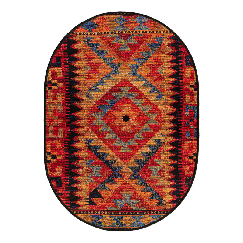 Tapis d'intérieur / extérieur en polypropylène tissé à la machine Lidio - rouge / jaune / bleu, Ovale 7 pi 1 po x 10 pi