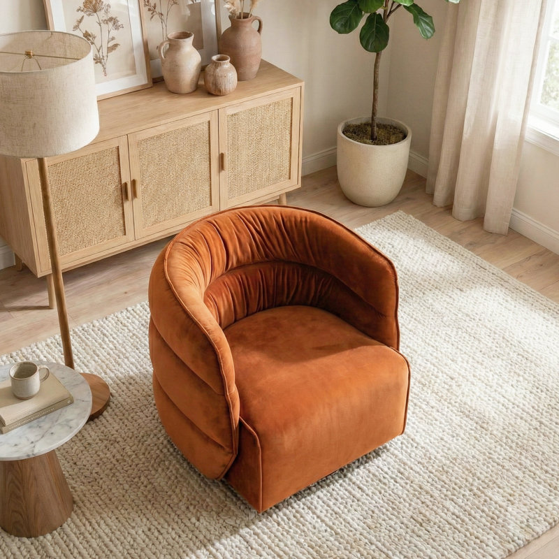 Fauteuil demi-tonneau pivotant en velours Amundsen, Velours orange brûlé