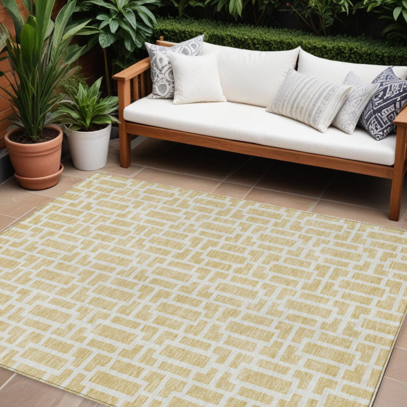 Tapis intérieur / extérieur géométrique lavable 9 pi x 12 pi blé et ivoire