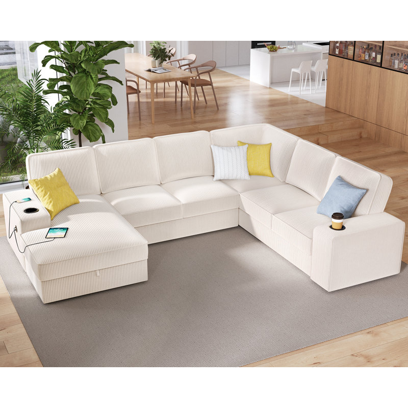 Canapé modulaire Glendora de 112 po avec chargement USB, rangement pour chaise longue et porte-gobelets, Velours côtelé beige