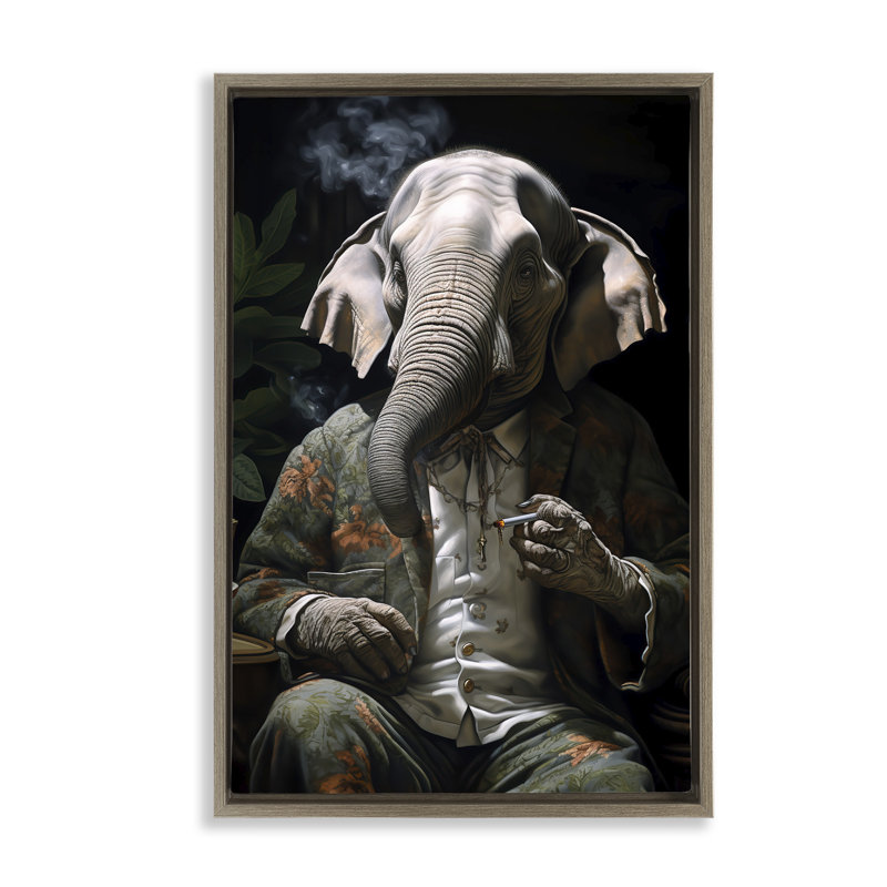 Toile flottante encadrée «Elephant Smoking» par r3darch0n, Cadre flottant orme Montalcino, H 31 po x l 21 po