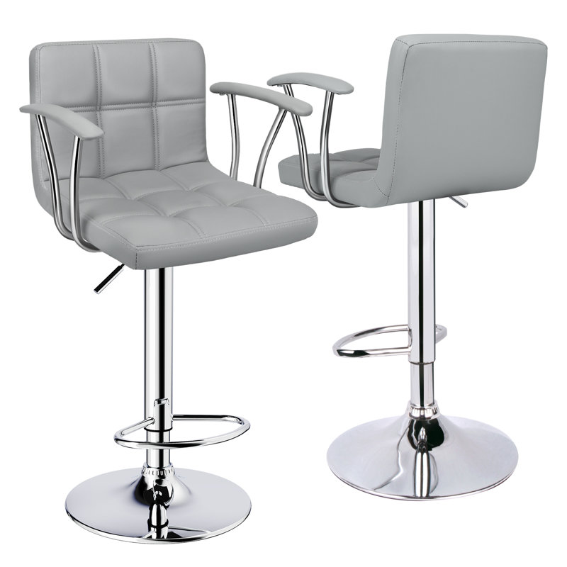 Tabourets de bar pivotants à hauteur réglable en cuir synthétique à double aiguille avec dossier et accoudoirs, Gris clair