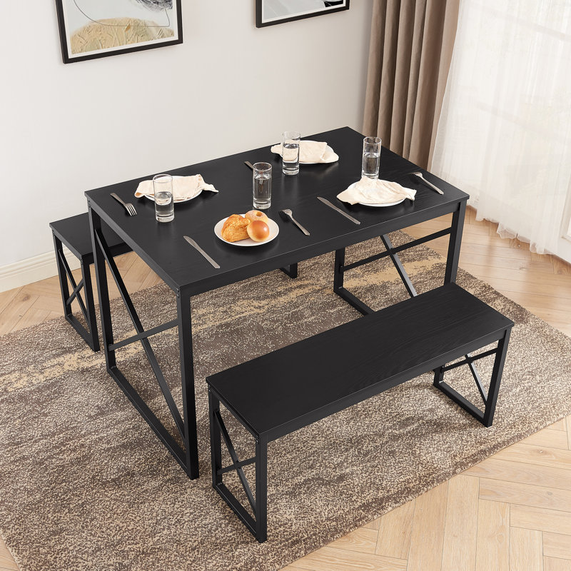 3-Pieces Dining Table Set, Rectangle Dinette With 2 Benches, Metal Frame For Dining Room, Living Room, Black