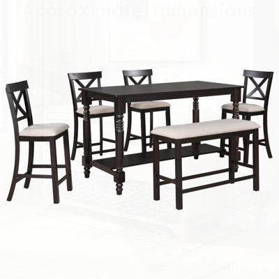 Ensemble de table de salle à manger 6 pièces à hauteur de comptoir avec tablette, 4 chaises et banc pour les salles à manger modernes
