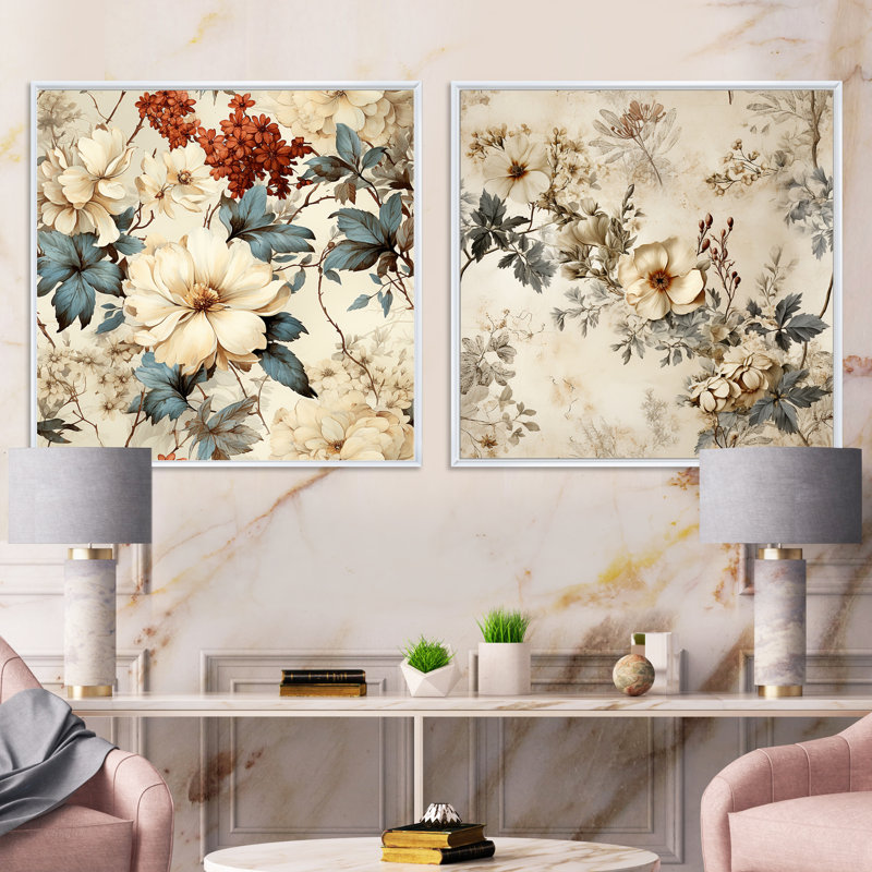Ensemble de 2 bricoles rétro vintage à motif floral campagnard beige, Cadre flottant blanc, H 36 po x l 73 po