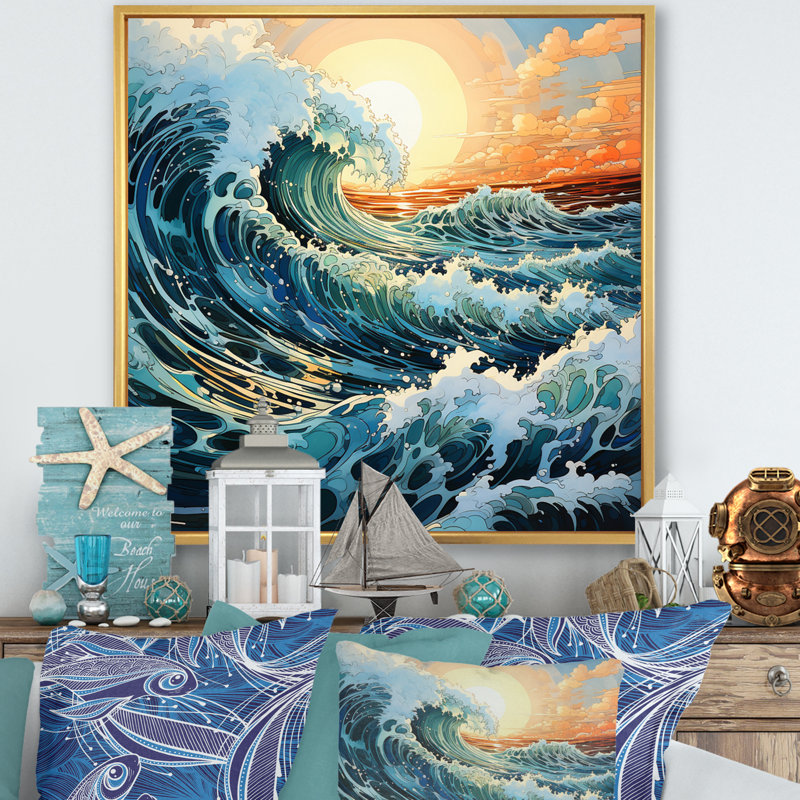 Coastal Waves Of Wonder V - Nautical & Beach Wall Art Prints, Cadre flottant doré, H 36 po x l 36 po x P 1,5 po