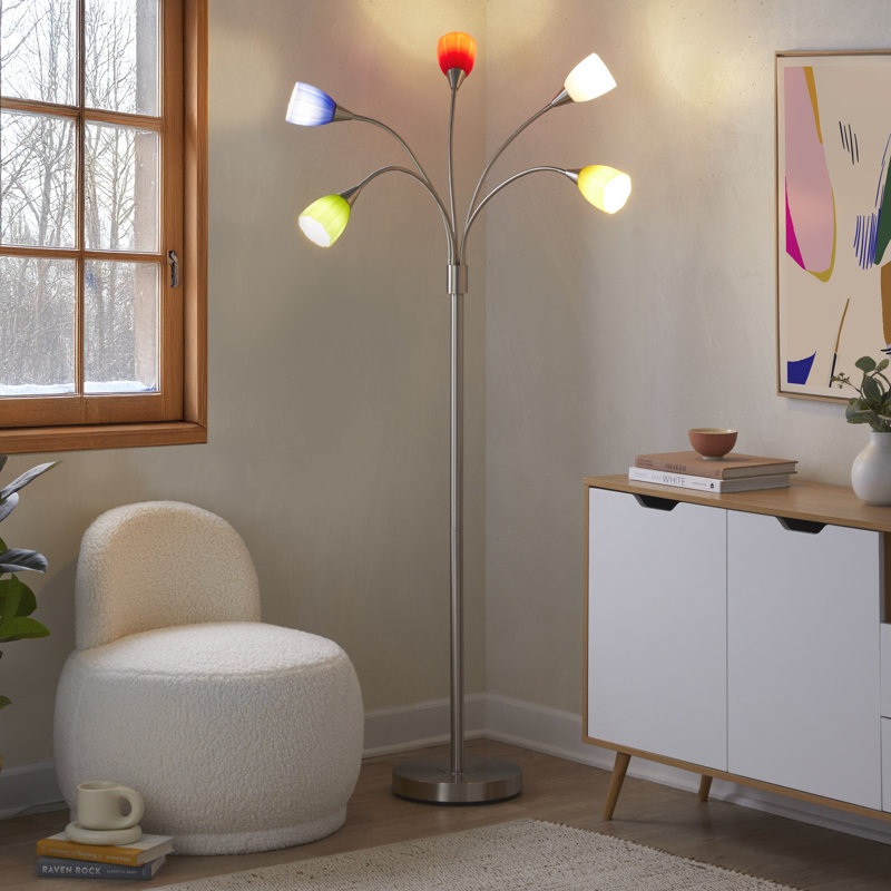 Lampe sur pied moderne en métal en acier inoxydable et en verre multicolore avec 5 bras DEL Led Medusa 71 po, Multicolore
