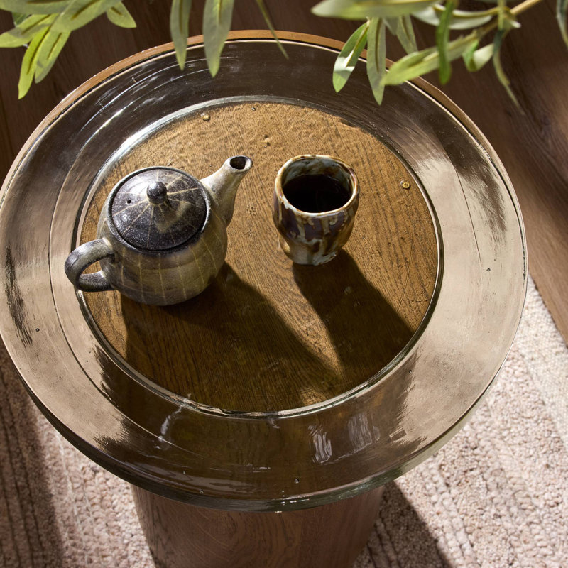 Shira Small End Table-Light Brown Oak, Clear Cast Glass