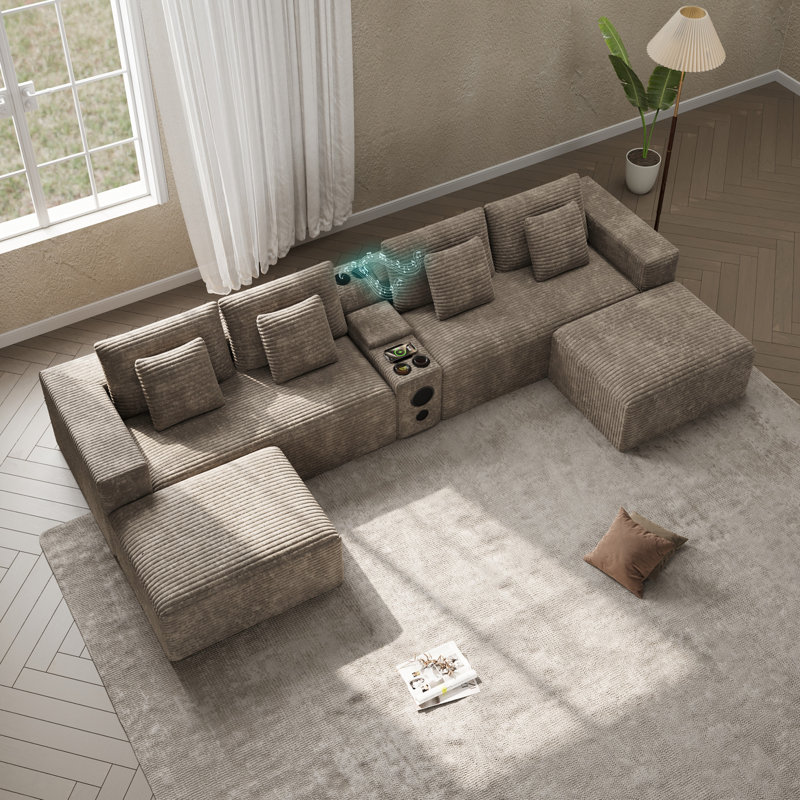 Oversized Boneless 151.6"W U-Shape Modular Sectional With Console, Cup Holders, Bluetooth Speaker & USB Ports, Light Brown