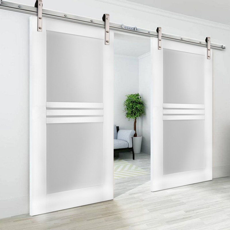 Mela Frosted Glass Barn White Doors with Installation Hardware Kit, 60" x 80", Silver