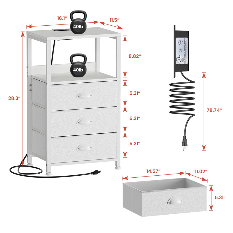 Nightstand With Charging Station, Night Stand With 3 Fabric Drawers, Side Table With Tamper-Resistant Outlets, USB And Type C Port, End Table For Bedroom,(Black Oak)