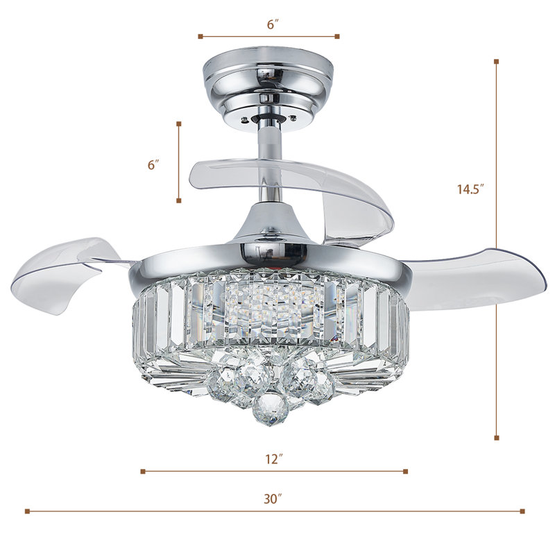 30" Dimmable Crystal Chandelier Fan, Chrome