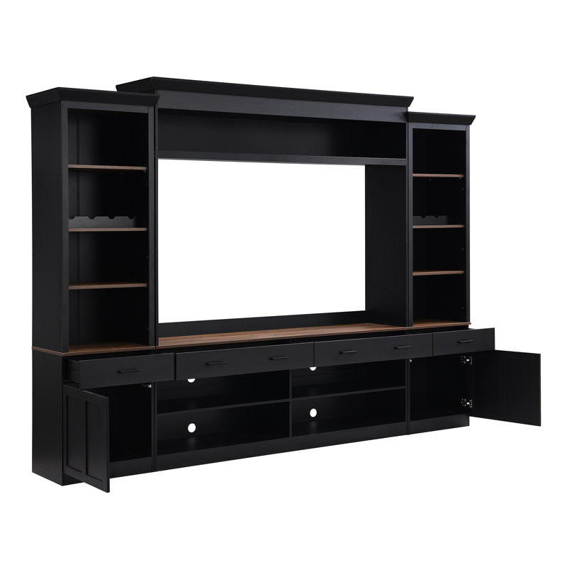 Meuble télé convenant aux téléviseurs de 70 à 79 pouces, style avec poignées rétro noires, deux tablettes réglables et support à vin Mid Century, quatre tiroirs, tablettes, surface imperméable