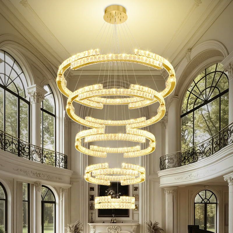 Grand lustre doré à 5 anneaux en cristal D47 "x H118" à intensité variable 2700k-6000k