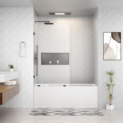 Porte de douche fixe sans cadre de 86 cm (L) x 147 cm (H), panneau en verre trempé noir mat avec revêtement nano.