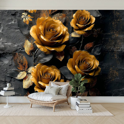 Peel and Stick Wallpaper 96" W x 69" H Modern Self Adhesive Wall Mural for Bedroom Luxury Golden Roses Dark Leaves Vintage Flowers Floral Art Style