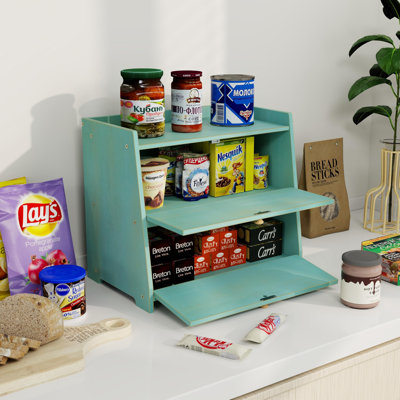 Vintage Double Layer Bread Box For Kitchen Counter, Bamboo Bread Storage Container(Antique Blue)