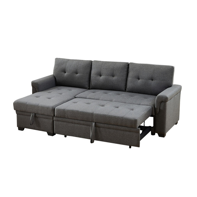 Jardin 84"W Dark Gray Linen Reversible Sleeper Sectional Sofa With Storage Chaise, Dark Gray Linen