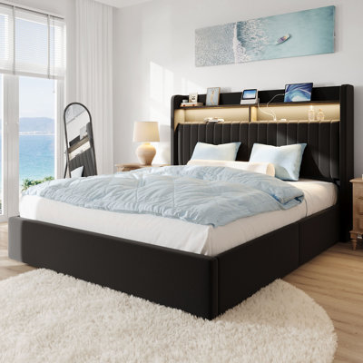 Hydraulic Lift Up Storage Upholstered Platform Wingback LED Bed With 2-Tier Shelves And Charging Station by Latitude Run