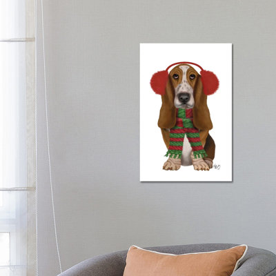 Christmas Des - Basset Hound and Ear Muffs 1 Piece Wrapped Canvas Wall Art