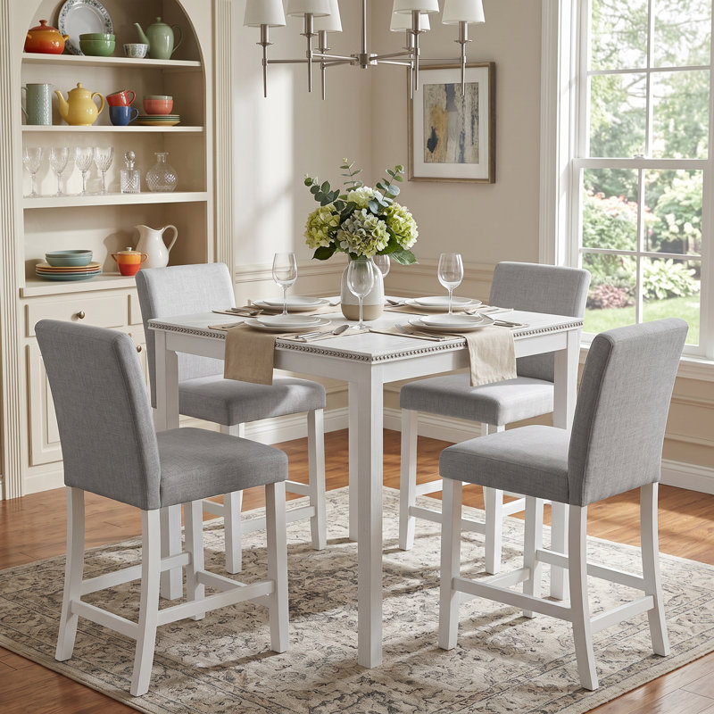 Ensemble de 5 pièces de table de cuisine en bois à hauteur de comptoir, de table carrée et 4 chaises rembourrées (blanc, cristal) et ensemble de chaises