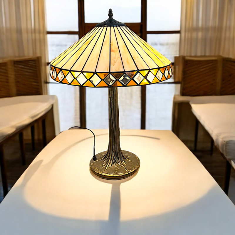 Art Deco Table Lamp, 40.5 cm Diameter Tiffany Style Beige Glass Shade, Tree Base