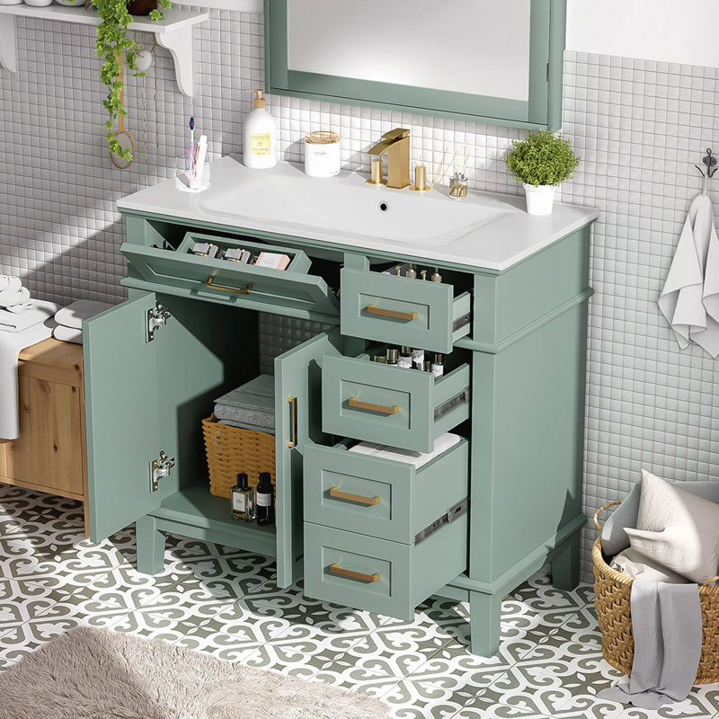 Meuble-lavabo moderne avec lavabo en céramique et 4 tiroirs de rangement pratiques au quotidien.