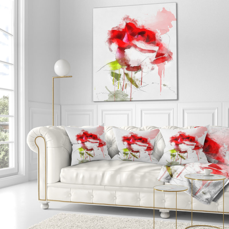 Croquis de rose rouge avec éclaboussures rouges - coussin à imprimé floral, 16 po x 1 po, Coussin décoratif
