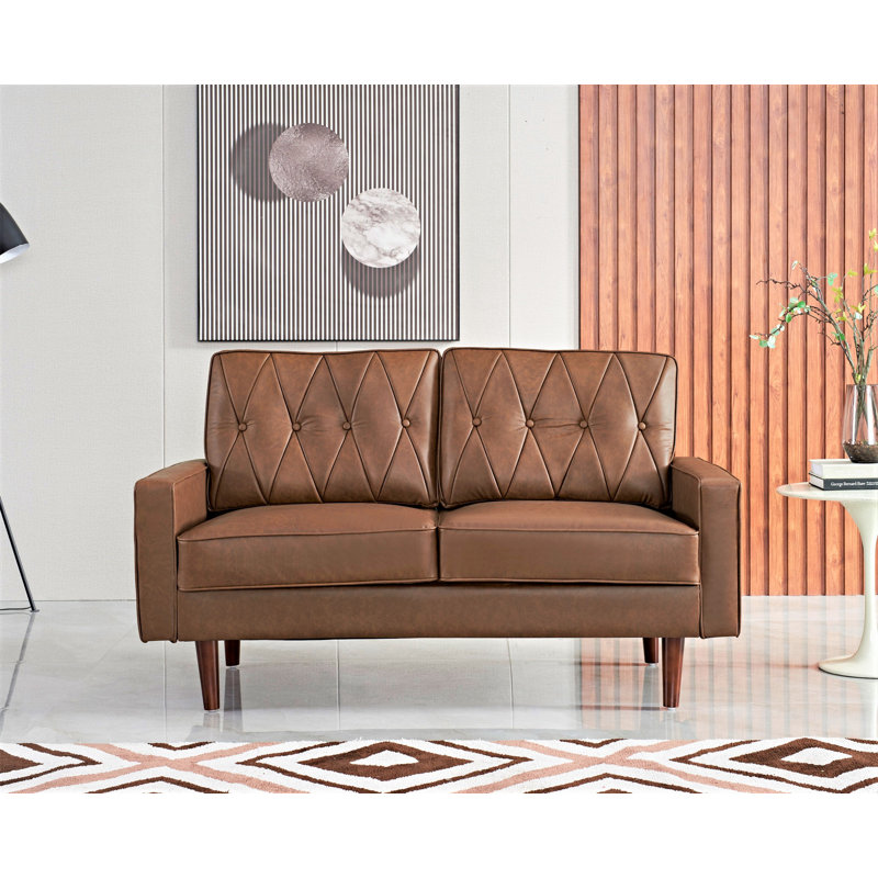 Faux Leather Square Arm Loveseat, Brown Faux Leather, 33" H x 57" W x 31" D