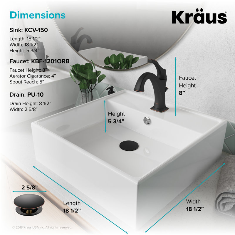 Lavabo de salle de bain vasque carré en céramique avec robinet et trop-plein Elavo, Bronze huilé
