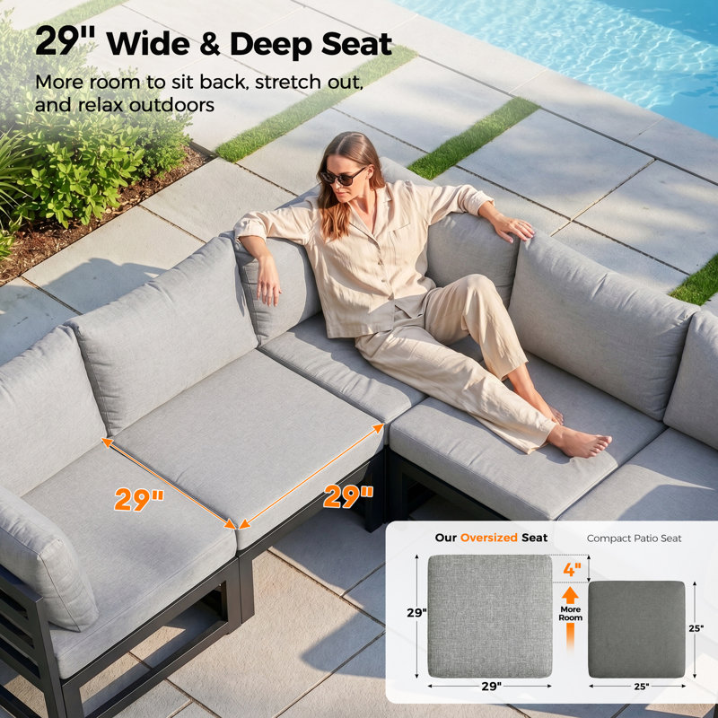 Anevaeh 8-Person Outdoor Patio All-Aluminum Sectional Conversation Set with Fire Pit Table and Cushions, Gray, Light Gray