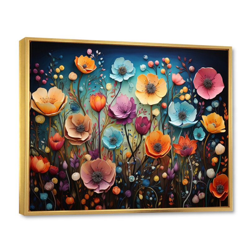 Fleurs colorées fantaisistes - Art mural fleurs sauvages, H 24 po x l 32 po x P 1 po, Cadre flottant doré