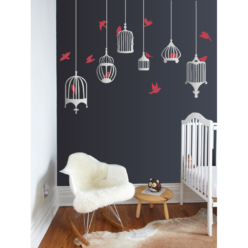 Décalcomanie murale galores oiseau, H 48 po x l 58 po x p 0,01 po, Rouge / argenté