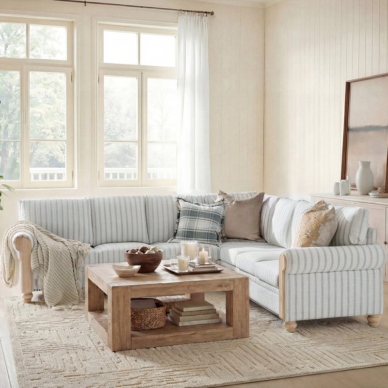 Canapé modulaire de style campagnard rayé Terren, Polyester bleu