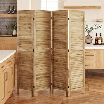 5.6 Ft Louvered Folding Room Divider - Freestanding Paulownia Wood Privacy Screen with Double Hinges (White, Brown, Natural)