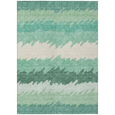 10' X 14' Sage Green And Ivory Striped Washable Indoor Outdoor Area Rug