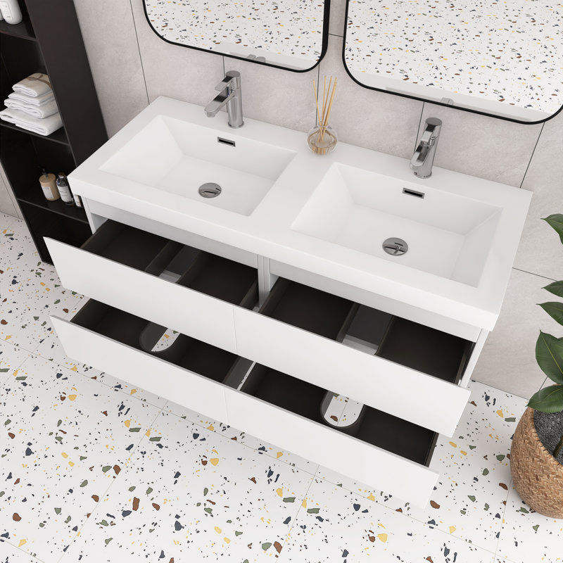 Ensemble de meuble-lavabo double 48 po en chêne avec plateau en résine intégré, Blanc / Blanc