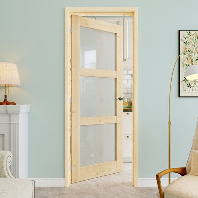 30" x 80" 3-Lite Pine Wood & Frosted Glass Interior Prehung Door with Curve Lever and Silver Hinges, Privacy Glass Door Slab, Paintable & Waterproof, Suit for Laundry, Closet Doors, Room Doors, Left Hand